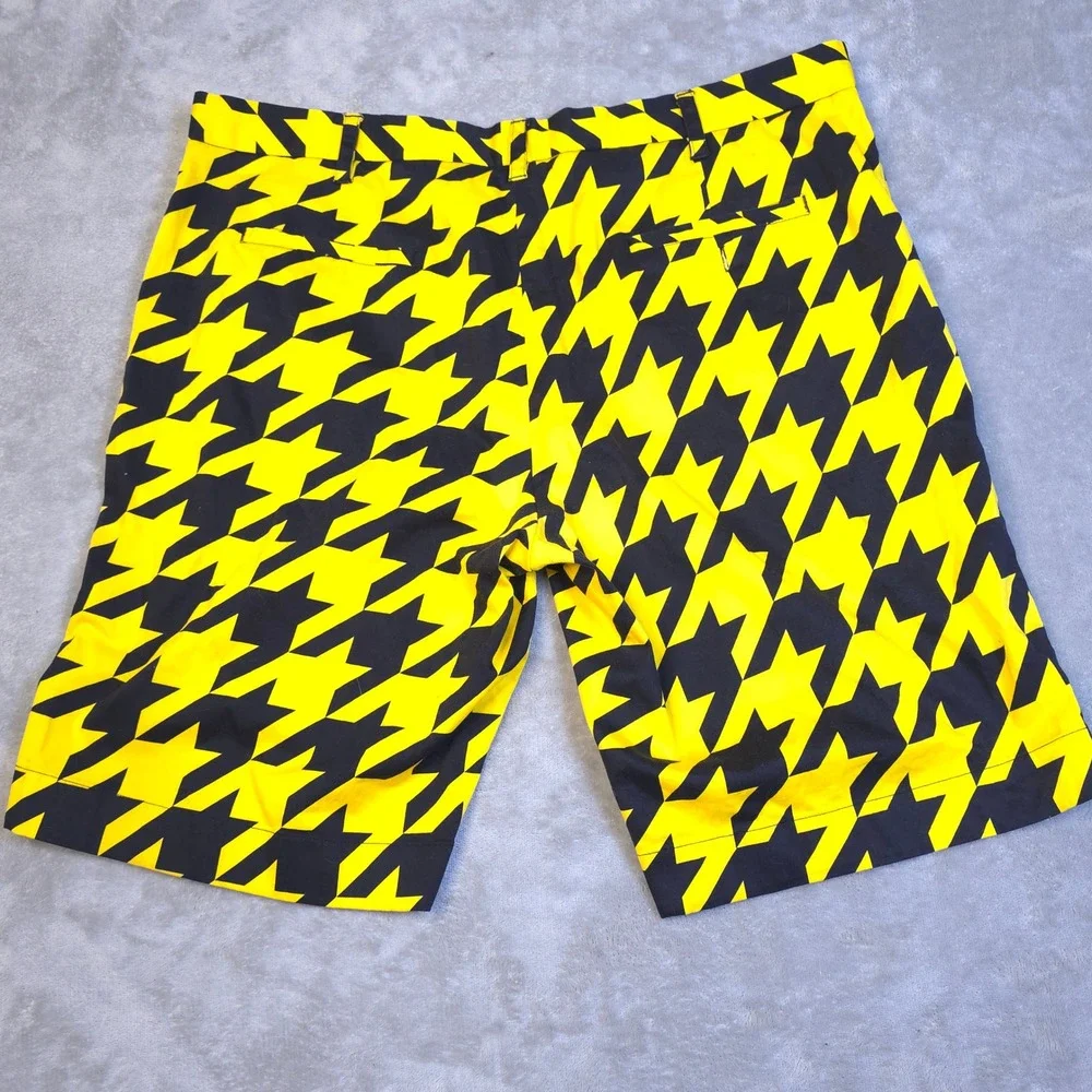 Loudmouth Golf Shorts Mens 42 Yellow Black Houndstooth Pattern Statement Preppy